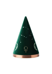 Fototapeta premium Deep forest green velvet-flocked cone hat with metallic copper band, debossed celestial motifs and stylized moon, isolated on transparent background with copy space, quiet mystical contemplation