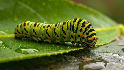 Close-up of a vibrant caterpillar on a wet leaf