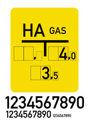 Deutsches Hinweisschild für die Kennzeichnung von Absperrschiebern in der Hausgasversorgung mit Zahlensätzen in unterschiedlichen Größen
