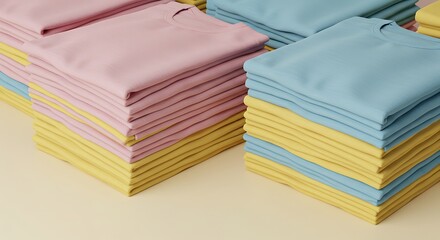 Stacked Pastel T-shirts: Pink, Blue, and Yellow. Minimalist Design.