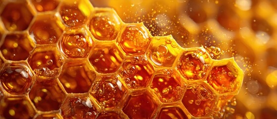 Honeycomb Close-up, Golden Hues, Detailed Texture.