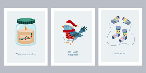 Set of winter greeting cards with bird Santa, Christmas branch, holiday decor, candle, socks. New Year design template, print, poster