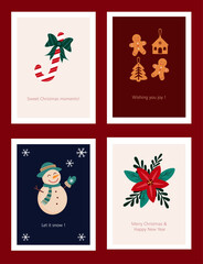 Set of winter greeting cards with snowman, gingerbread cookie, holiday decor, candy cane, poinsettia flower, red star with green leaves. New Year design template, print, poster