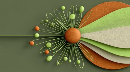 Abstract 3D artwork featuring a stylized flower-like form with textured spheres and curved lines in muted greens and oranges against a dark olive background