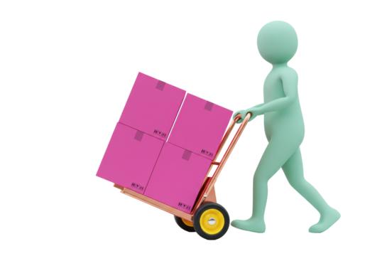 Isolated figure pushing hand truck carrying shipping boxes for delivery, logistics concept