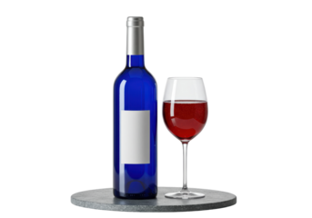 Isolated blue wine bottle with blank label and glass of red wine on grey platform