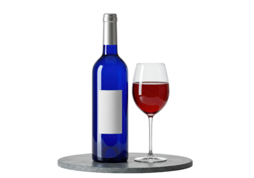 Isolated blue wine bottle with blank label and glass of red wine on grey platform - Powered by Adobe