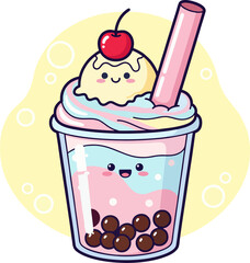 Whimsical Kawaii Bubble Tea with Smiling Face, Pastel Rainbow Layers, Ice Cream Scoop with Cherry, and Pink Striped Straw