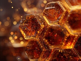 Honeycomb-Shaped Sparkling Beverage - Abstract Close-Up with Golden Bokeh and Bubbles.