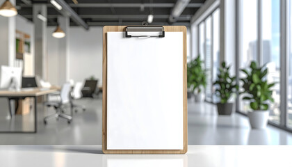 A wooden clipboard with blank white paper stands prominently in a modern office setting, ready for notes.