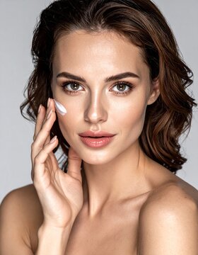 Retrato en primer plano de una mujer joven modelo con una piel facial suave y saludable d&aacute;ndose crema rejuvenecedora sobre la piel