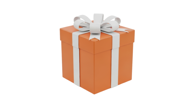 Isolated gift box present, holiday birthday surprise, orange square box with white ribbon bow