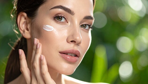 Retrato en primer plano de una mujer joven modelo con una piel facial suave y saludable d&aacute;ndose crema rejuvenecedora sobre la piel