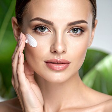 Retrato en primer plano de una mujer joven modelo con una piel facial suave y saludable d&aacute;ndose crema rejuvenecedora sobre la piel