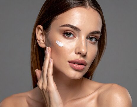 Retrato en primer plano de una mujer joven modelo con una piel facial suave y saludable d&aacute;ndose crema rejuvenecedora sobre la piel