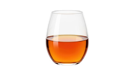 Isolated glass with amber liquid. Cognac in glass, close up. Alcoholic drink, beverage