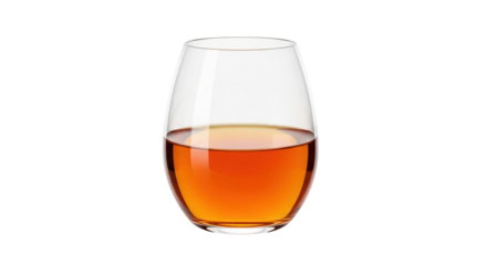 Isolated glass with amber liquid. Cognac in glass, close up. Alcoholic drink, beverage