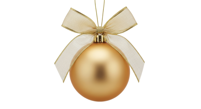Isolated gold Christmas ball ornament with ribbon bow for the festive holiday season
