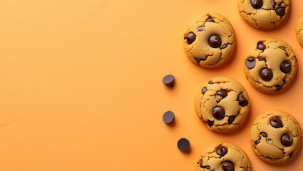 Delicious chocolate chip cookies on a vibrant orange background flat lay aesthetic food