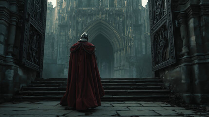 Naklejka premium Dramatic Halloween Artwork of a Headless Knight Standing Before an Eerie Castle Entrance