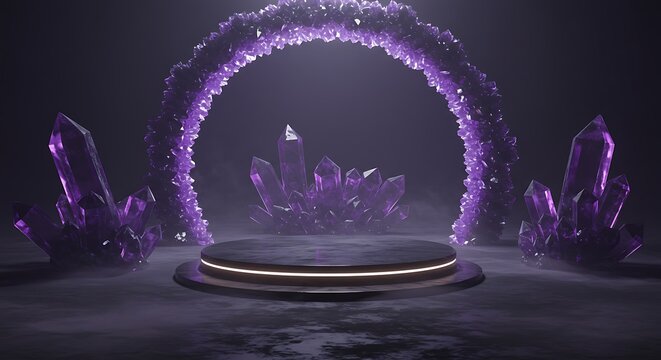 Mystical Purple Crystal Display with Illuminated Podium Stage