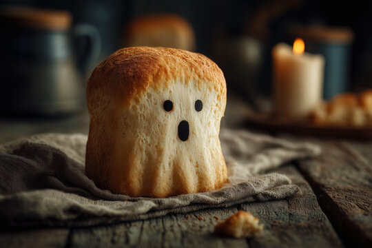 Whimsical Ghost-Shaped Loaf of Bread Rising from Oven with Cozy Rustic Background