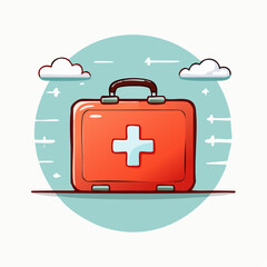 Obraz premium A cartoon vector flat illustration of a red first aid box with a white cross symbol. Medical emergency kit icon with bold outlines