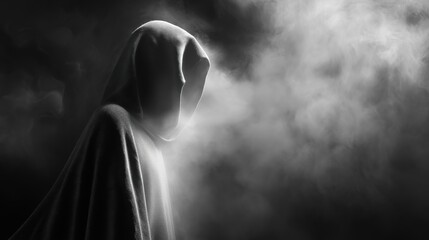 Charcoal Ghost Figure Dissolving into Mist in a Dramatic Black and White Composition