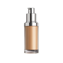 Rectangular, transparent cosmetic bottle with a light brown liquid inside.  A silver/chrome top and pump dispenser