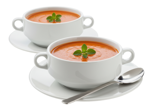Isolated Cups of Fresh Tomato Soup on Saucers Ready to Eat Delicious and Healthy Meal - Powered by Adobe