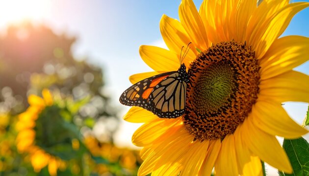 Monarch butterfly on a sunflower in a field