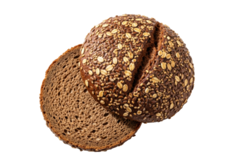 A pair of dark pumpernickel bread halves, one with ancient grains and flax seeds, on a transparent background with copy space, in soft natural light, close-up. Concept of wholesome artisanal food