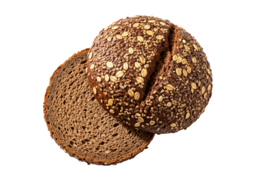 A pair of dark pumpernickel bread halves, one with ancient grains and flax seeds, on a transparent background with copy space, in soft natural light, close-up. Concept of wholesome artisanal food