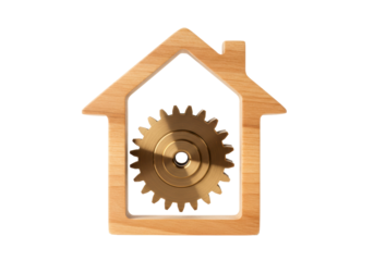 Isolated wooden house shape with golden mechanical gear inside, engineering concept