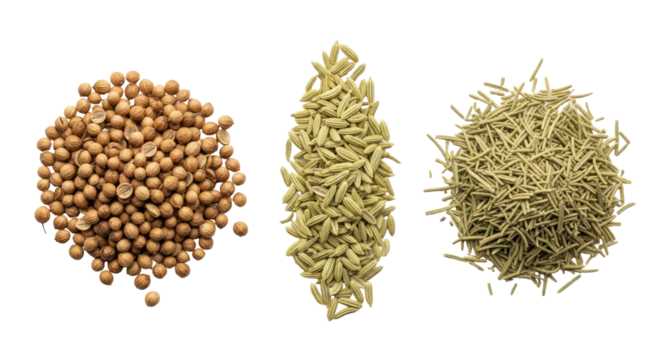 Isolated spices for cooking include coriander seeds, fennel seeds, and dried rosemary