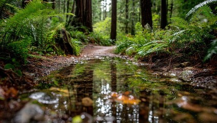 Obraz premium Forest trail puddle reflecting trees