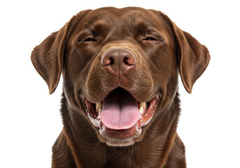 Fototapeta premium Isolated chocolate Labrador Retriever with an open mouth smiles happily with pure joy