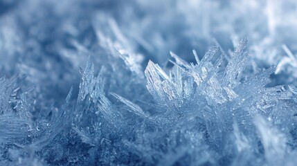 Macro shot of intricate frost crystals with a light blue tint, clustered together