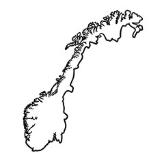 Norway outline displayed on white background, country outline in minimalistic style for geographic clarity. Continent outline with simplified, stark design to isolate and emphasize shape.