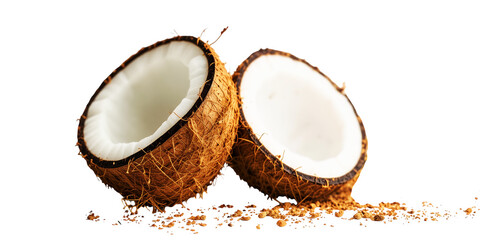 Two halves of a brown coconut with white flesh and shredded coconut pieces scattered around