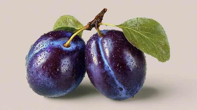Two plump, dark purple plums with water droplets, and leaves, on a light gray background