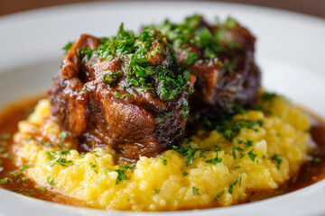 Delicious braised beef served over creamy saffron risotto, garnished with fresh chopped parsley.