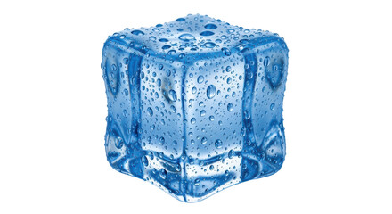 Isolated shiny blue ice cube with water drops for refreshment on a hot summer day
