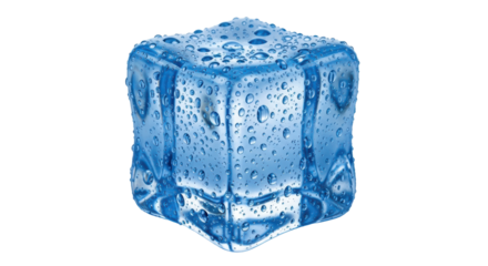 Isolated shiny blue ice cube with water drops for refreshment on a hot summer day