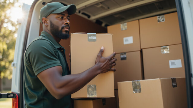 Efficient delivery service with man carrying box from van filled with packages, showcasing hard work and dedication - Powered by Adobe