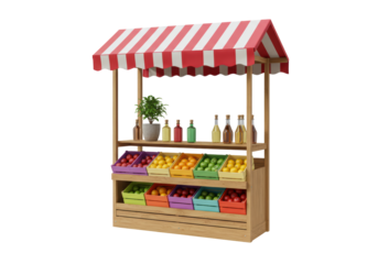 Isolated fruit stand with red and white striped awning filled with produce and bottles