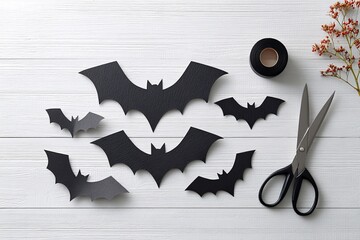 Halloween bat cutouts with scissors and tape on white wooden surface. Easy DIY paper bat cutouts made from black cardstock, capturing a Halloween craft concept