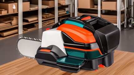 Fototapeta premium Close-up of a modern chainsaw design, showcasing innovative features and vibrant colors against a backdrop of storage boxes.