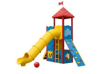 Isolated playground structure with slide and Canadian flag, for children's recreation