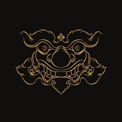 Giant drawing, line drawing, Thai giant, freehand line style, gold color on black background.